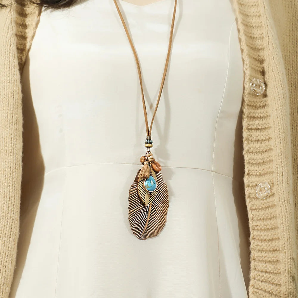 7 piece Boho Long Necklace Set, Brown Pendant Necklaces: Turquoise Shell Design Tribal Jewelry
