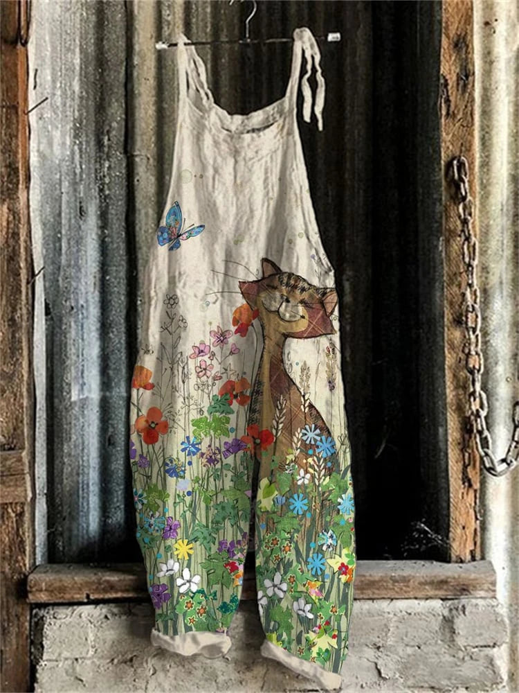 5 Fun Cat Prints with Adjustable Straps, Wide Legs,  Loose Casual Bib Overalls with Flexible Tie Straps