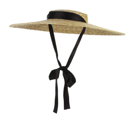 Big Natural Straw Hats, Wide-Brim Sun Visor Caps, Elegant Flat Top, Long Ribbon Tie