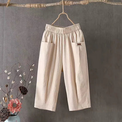 Cotton Linen Cropped 3/4 Length Pants, Loose, Linen with Elastic Waist and Pockets