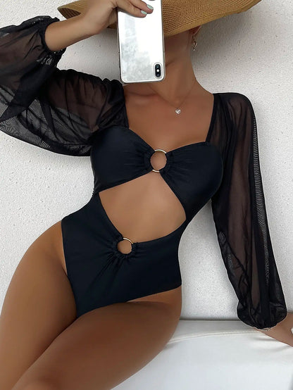 One Piece Solid Long Sleeve Sun Protection Swimwear
