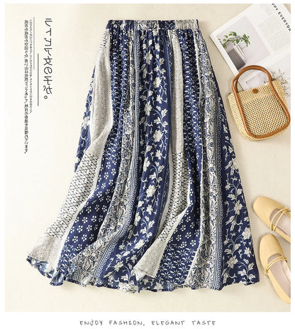 Retro Ethnic Print Flax A-Line Midi Skirt High Waist Drawstring Sizes to 2XL