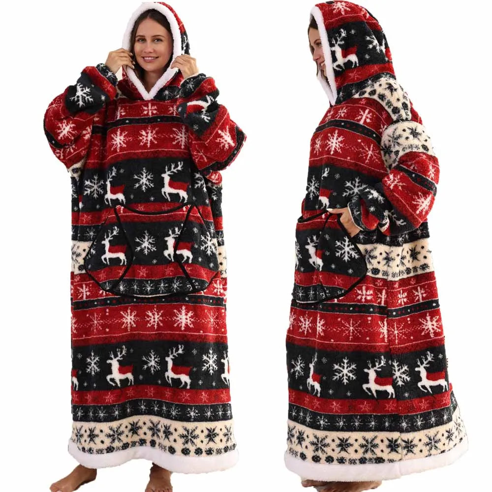 Super Long Flannel Pullover Night Shirt with Pocket and Hood, Super Snuggly for Men and Women, 12 Different Prints