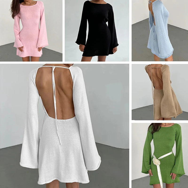 Backless Round Collar Cover-Ups Sheer Beachwear Stylish Horn Sleeve Wrap Dress