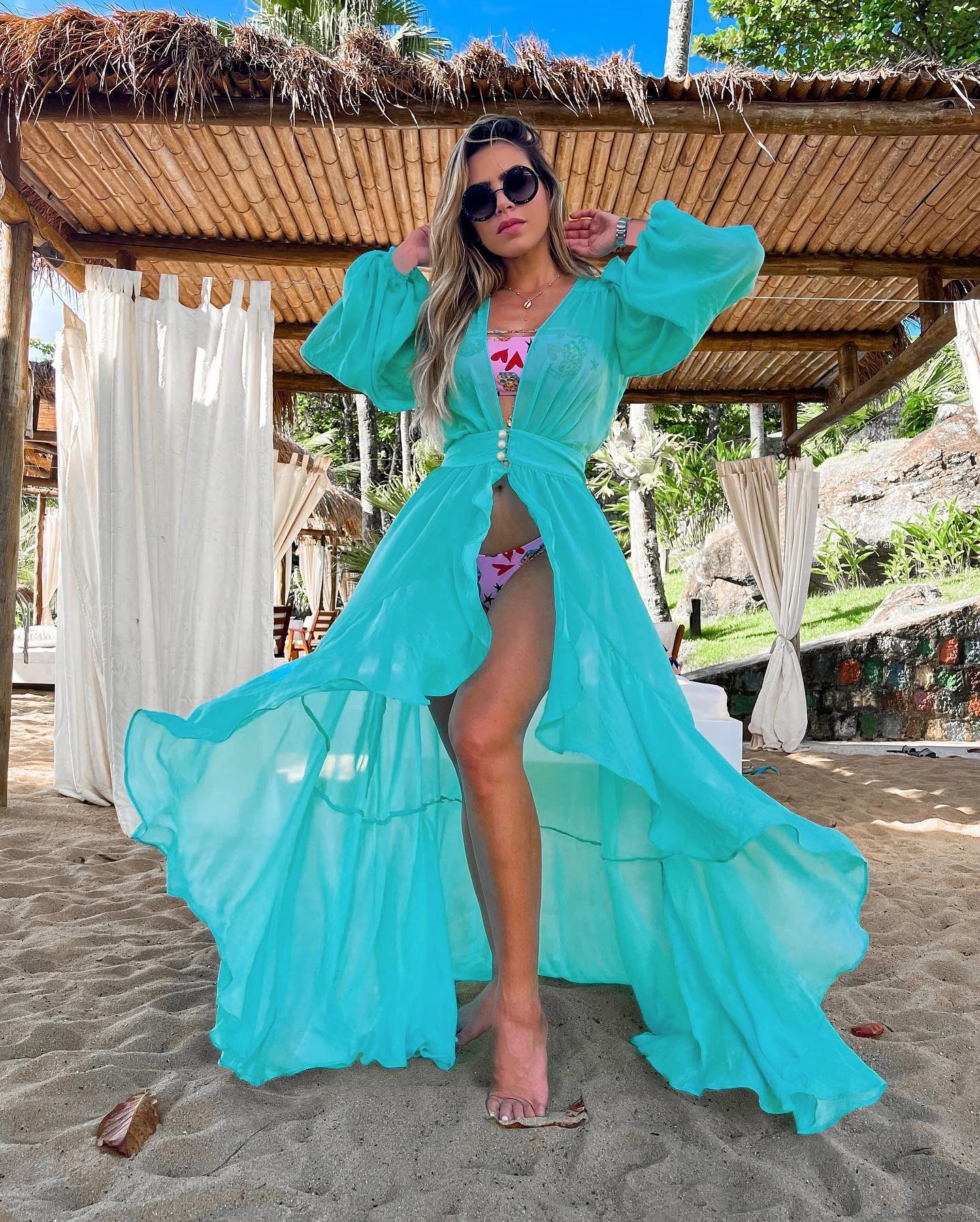 Chiffon Tie Robe with Large Swing Ruffles and Puff Sleeves