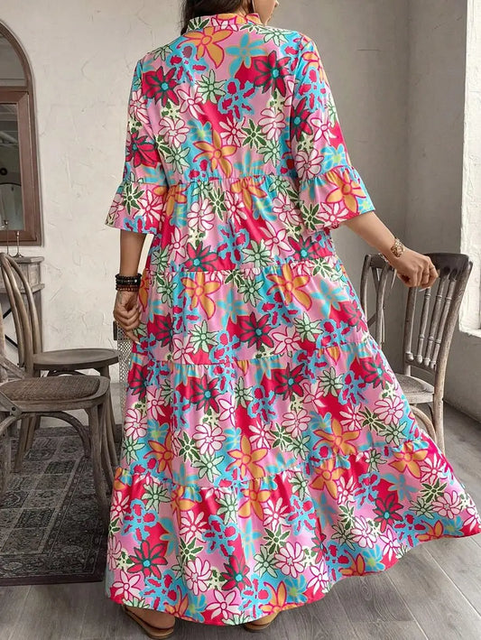 Sizes Up to 4XL.  Boho Tiered Maxi Dress with Mandarine Collar and scoop V Neck, 3/4 sleeves Loose Fit   12 different patterns