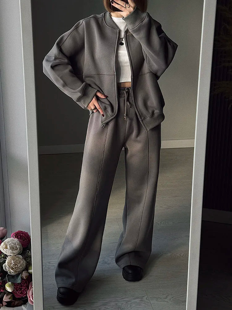Warm 2 Piece Sweatsuits, Thick Fleece, Zipper Jacket, Batwing Sleeves, Clean Lines