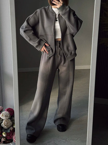 Warm 2 Piece Sweatsuits, Thick Fleece, Zipper Jacket, Batwing Sleeves, Clean Lines