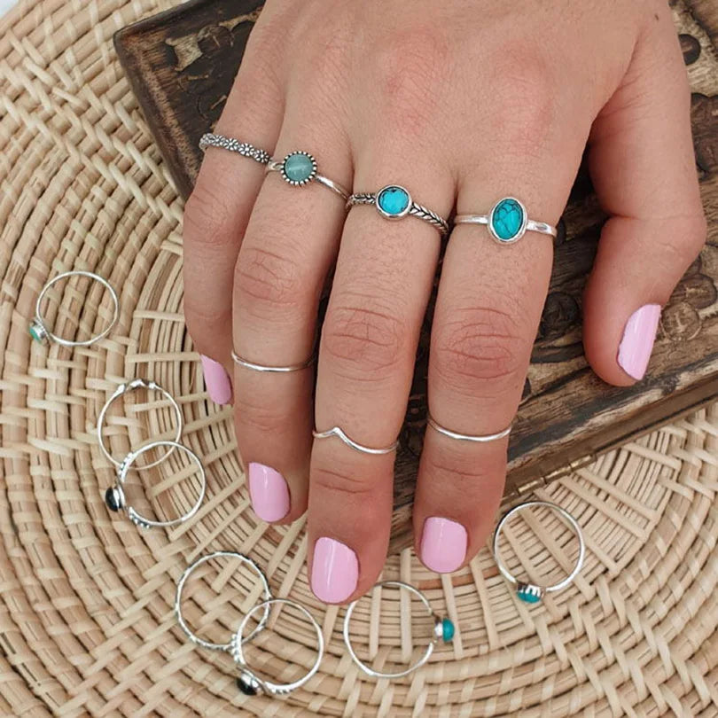 1pc Boho Turquoise Ring Stainless Steel Light Blue Gemstone Silver Adjustable Ring