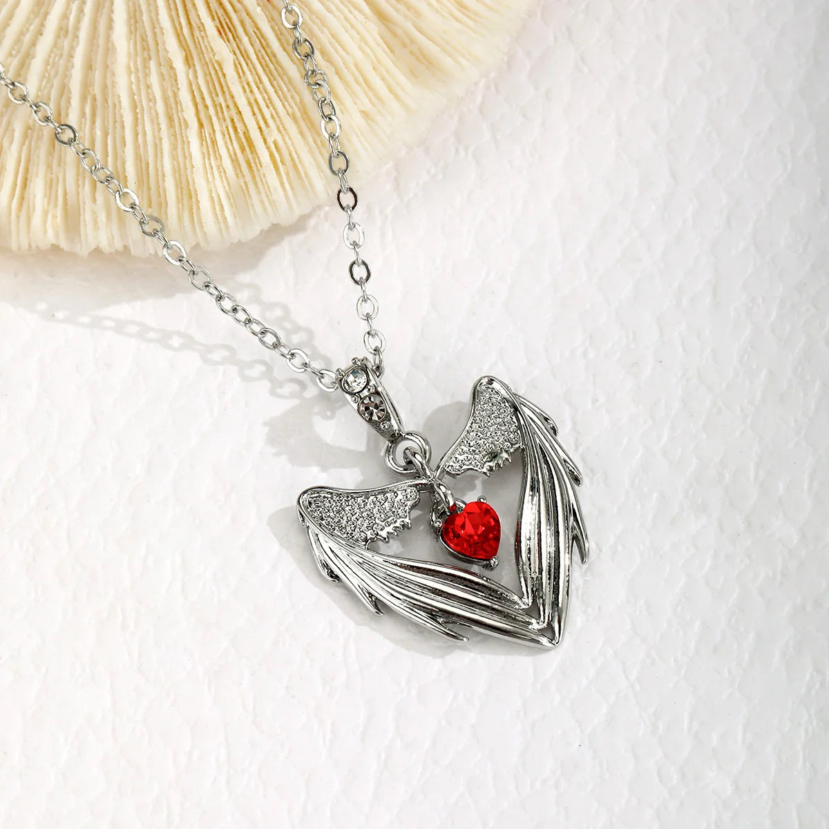 Gothic Punk Bat Wings and Heart Shaped Resin Pendant Necklace