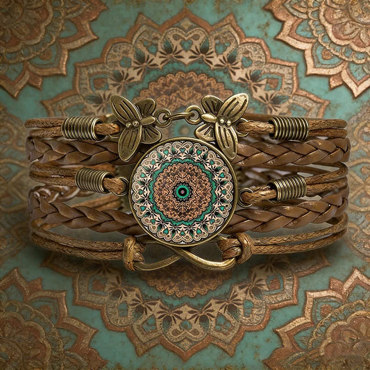 Vintage Mandala Flower Glass Dome Wrap Bracelet Multilayer Woven Leather Bracelets