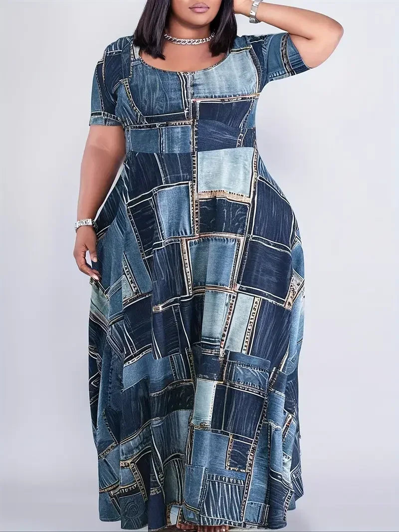 Sizes 1XL-5XL Casual Print Round Neck Short Sleeved Flared Hem Long Dress