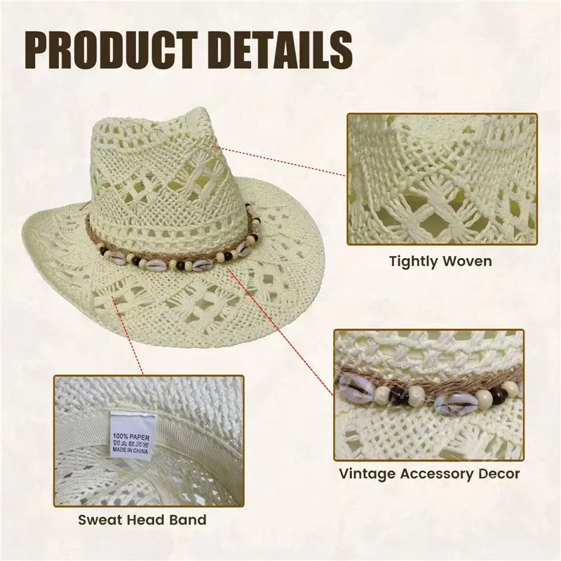 Bohemian 100% Recycles Paper Cowboy Hats with Wooden Beads and Shells Western wear 8 choices