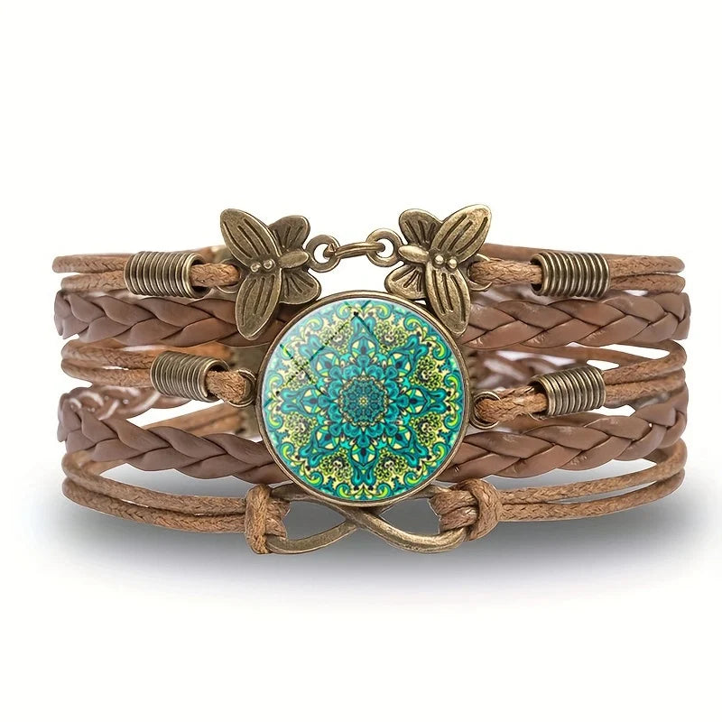 Vintage Mandala Flower Glass Dome Wrap Bracelet Multilayer Woven Leather Bracelets
