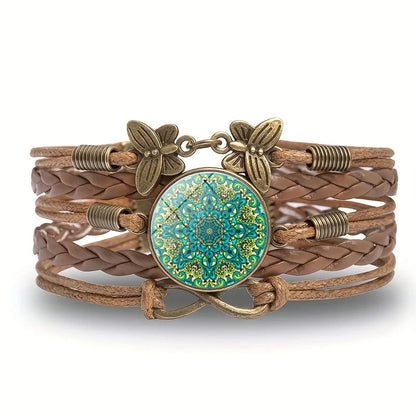 Vintage Mandala Flower Glass Dome Wrap Bracelet Multilayer Woven Leather Bracelets