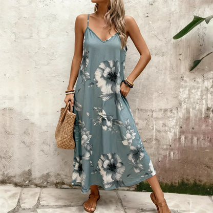 Boho Sizes to 5XL  Floral Print, Spaghetti Straps, Loose Maxi Dress with a Flared skirt