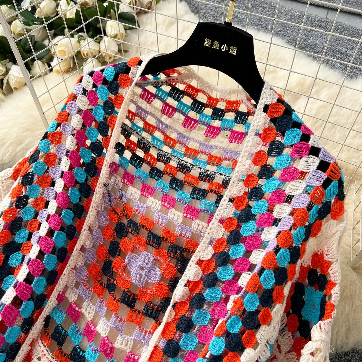 Boho Crocheted Knit Cardigan Midi Length