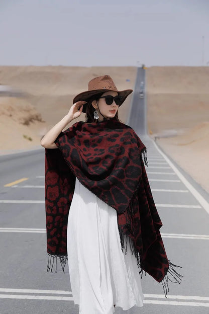 Vintage Boho Leopard Print Soft Over-the-Head Cloaks With Tassels