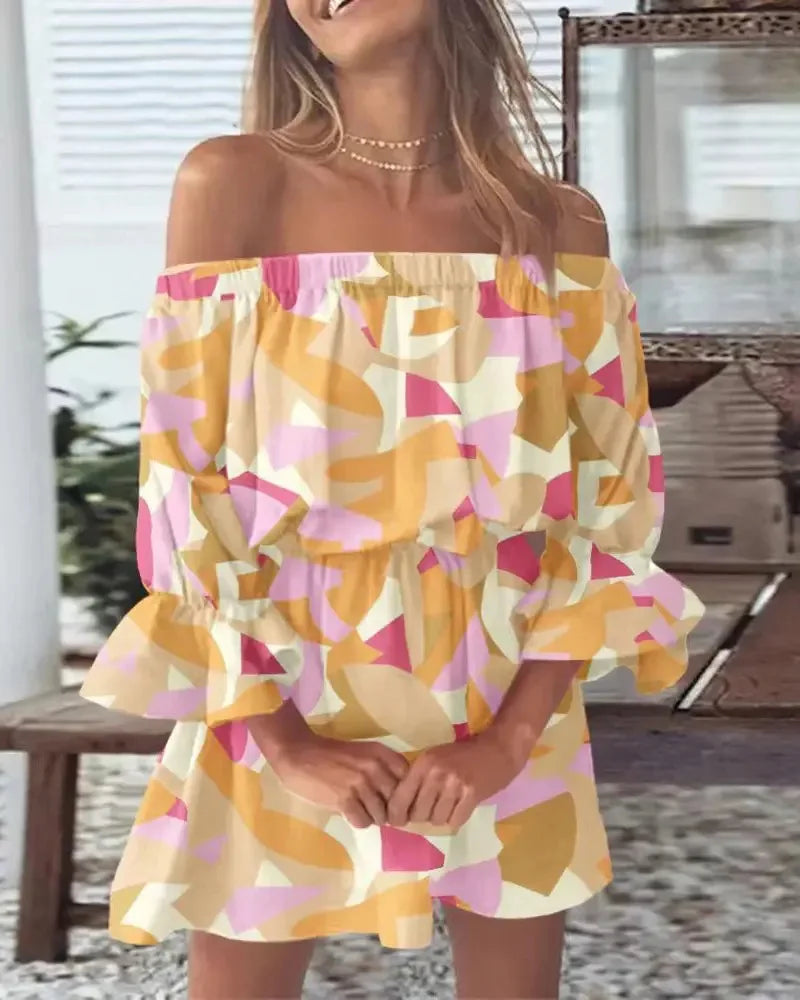 Sizes to 2XL Bohemian Off-Shoulder Floral & Leaf Print Mini Dress with Ruffled Hem and Bell Sleeves 5 Patterns