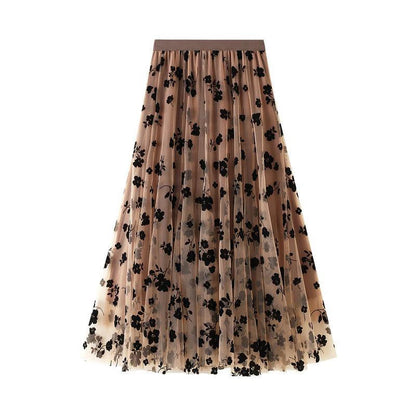 Floral Tulle High-Waisted Gathered Skirts, Elastic Waist, Polyester under Tulle