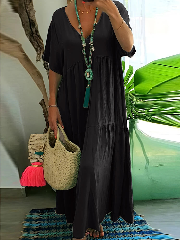 Sizes to 5XL, Loose Casual Midi Dress, V-neck, Short Loose Sleeves