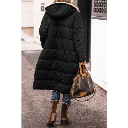 Reversible Sherpa Fleece, Long, Hooded Puffer Coats. Check colors: Brown, Green, Black, Burgundy, Light Gray