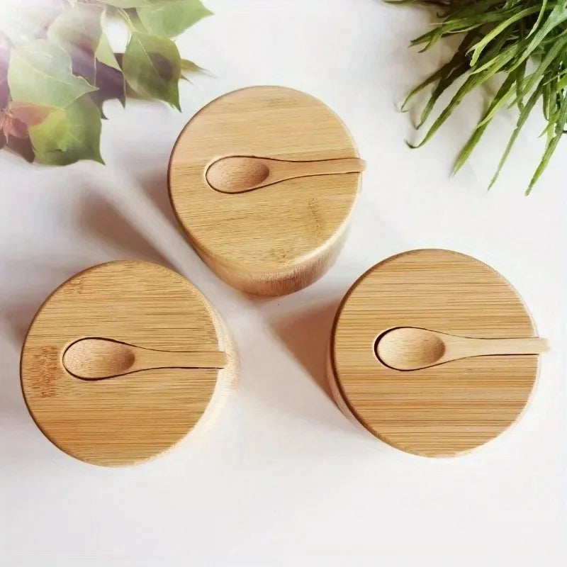 Salt, Pepper, Sugar Condiment Bowl, Bamboo with Spoon in Lid