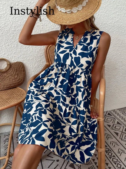 Sizes to 2XL, Boho Print Mini Dress, Sleeveless V Neck, A Line Tank Dress Casual Loose Oversize