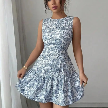 Boho And French-Style Blue And White Floral Dress, Sleeveless With A Round Neckline