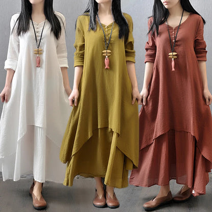 Boho Vintage Cotton and Linen with Pockets, Double Layer Swing Dress