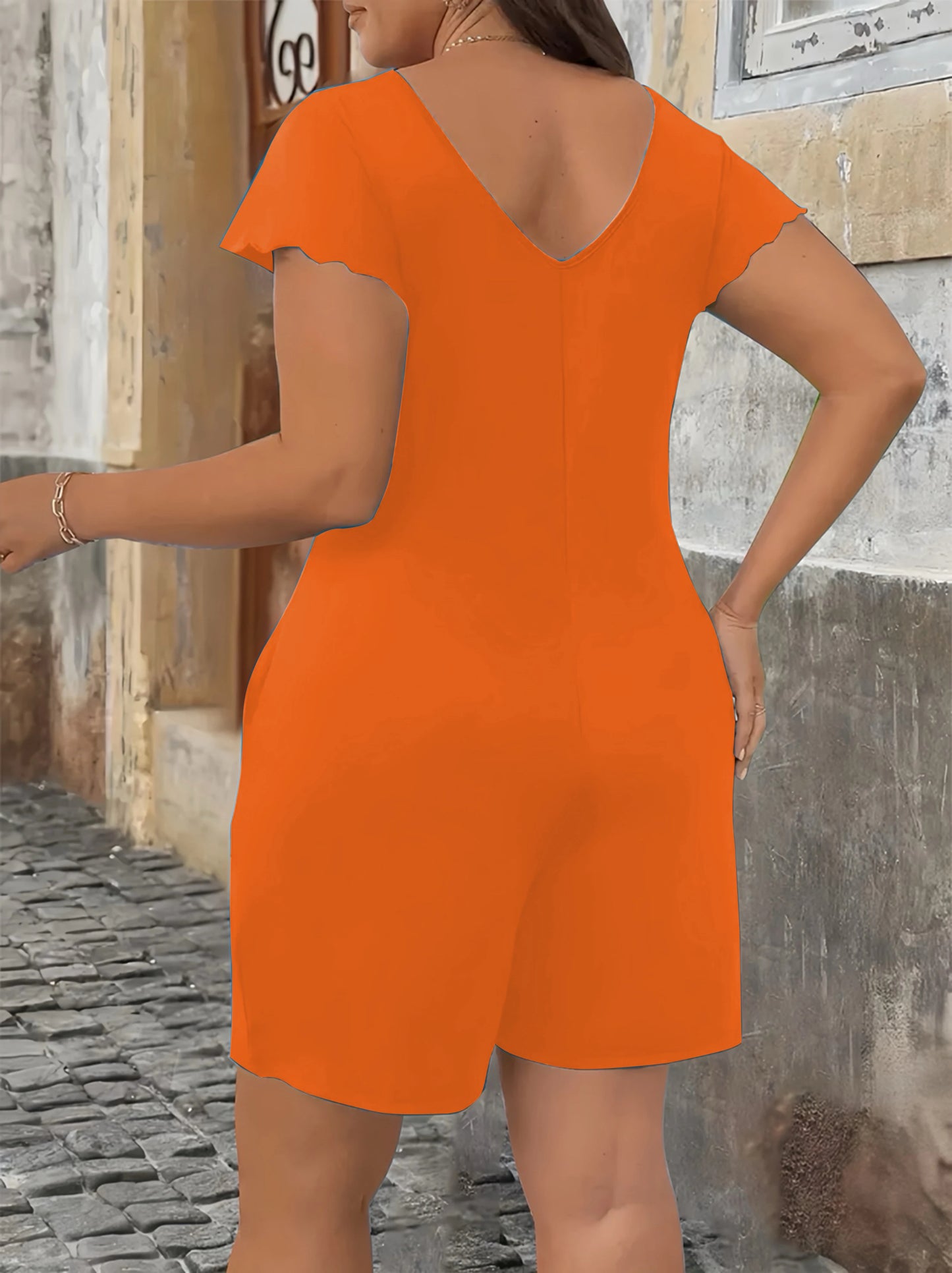 Sizes to 5XL V-Neck Flounce Sleeve Short Jumpsuit with Pockets. In Orange, Blue, Grey, and Black