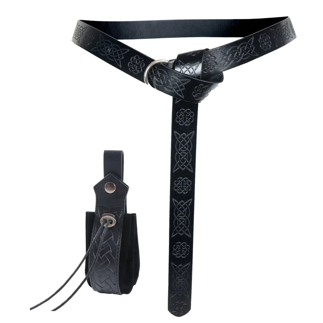 2pcs Vintage Renaissance embossed leather belt, purse set; unisex with O-rings, Medieval Viking