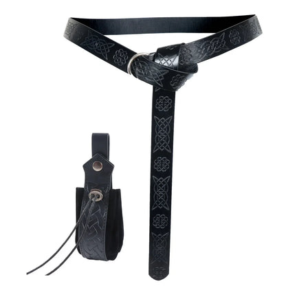 2pcs Vintage Renaissance embossed leather belt, purse set; unisex with O-rings, Medieval Viking