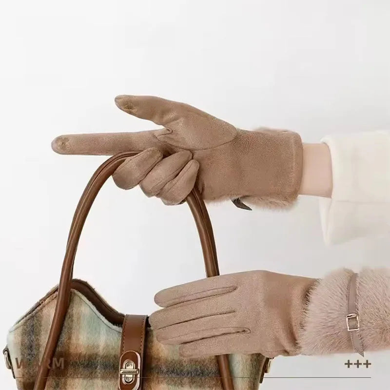 Warm Gloves Fleece Lined Windproof Cold-Resistant Touchscreen Compatible with Plush Decoration