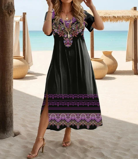 Sizes to 5XL, Ethnic Bohemian floral print casual short-sleeved loose fit midi dress