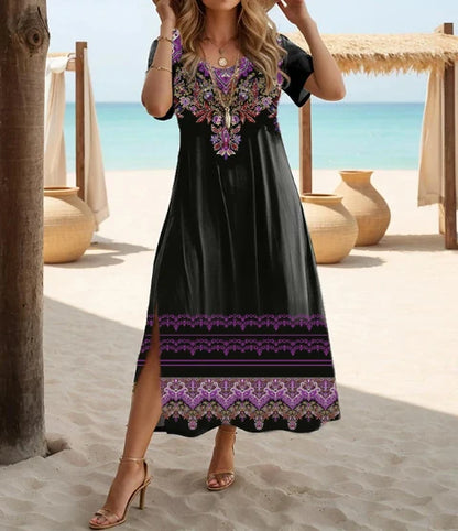 Sizes to 5XL, Ethnic Bohemian floral print casual short-sleeved loose fit midi dress