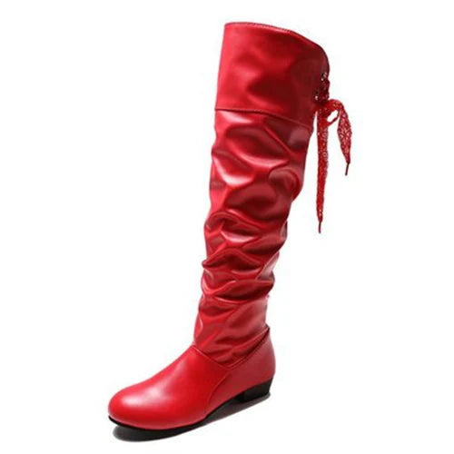 Knee High Boots, in Red, Black, and White, Tall Boots with Low Heel