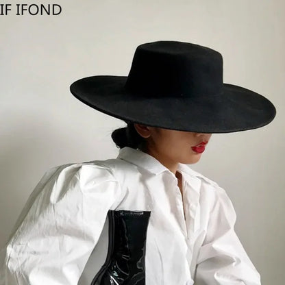 French Wide Brim Women's Fedora Wool Hat  Flat Top Felt in Marigold, White, and Black.