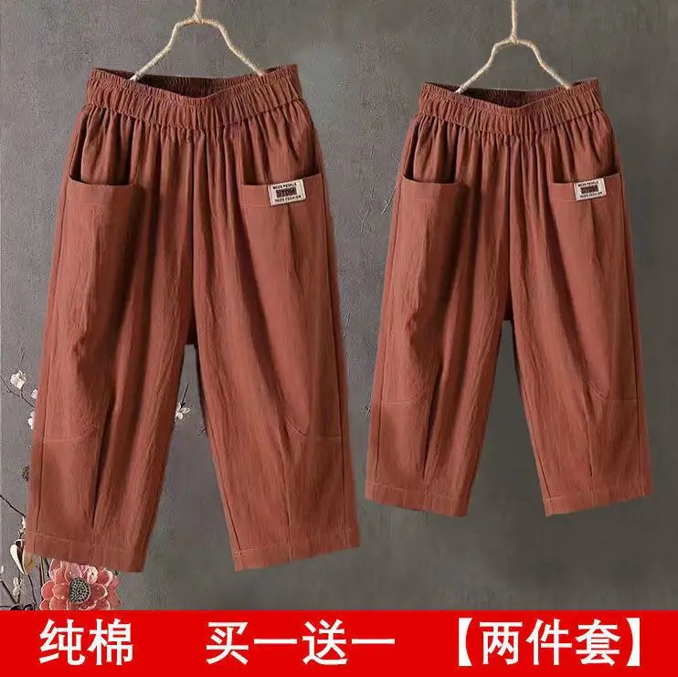 Cotton Linen Cropped 3/4 Length Pants, Loose, Linen with Elastic Waist and Pockets