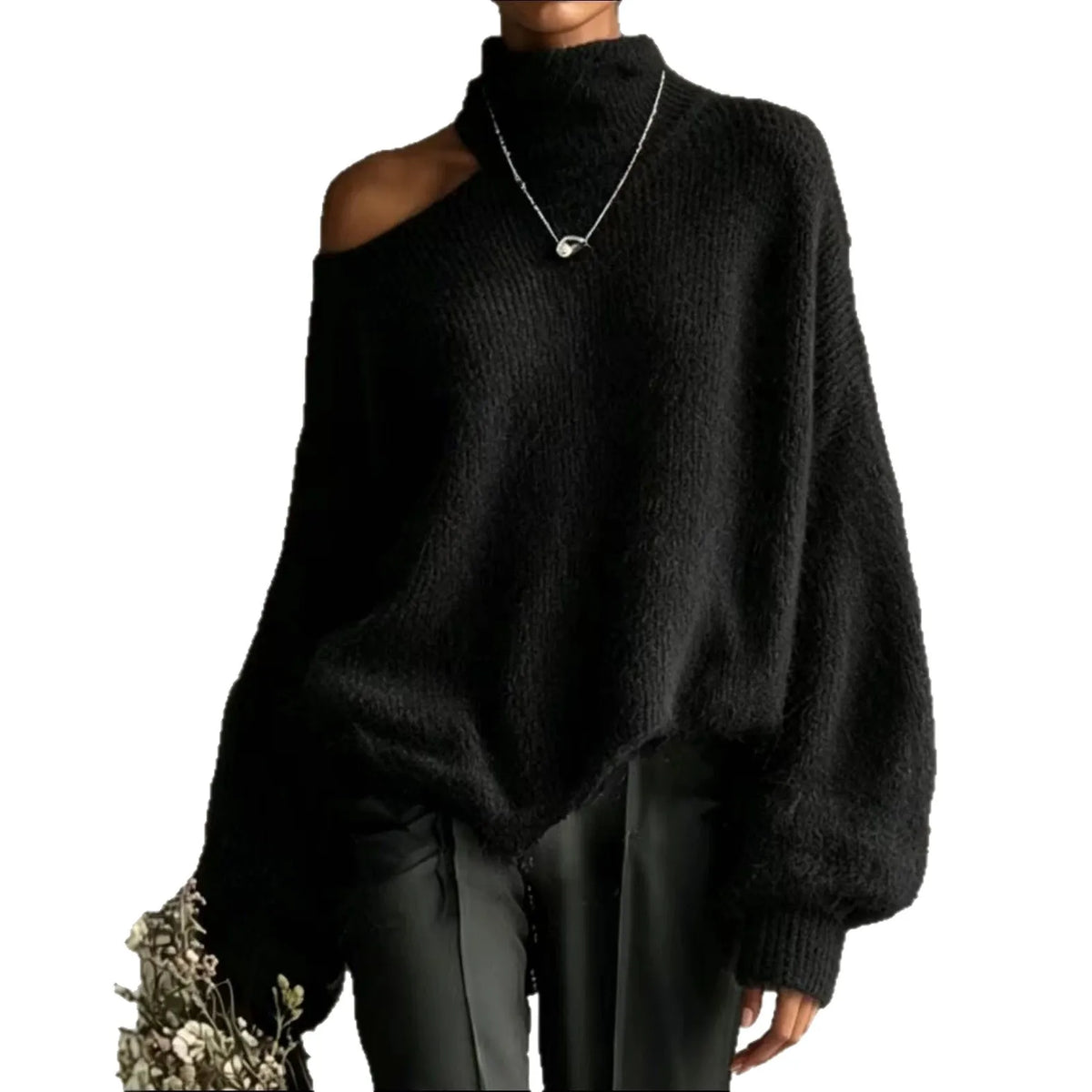 Off-Shoulder High-Collar Loose Knit Pullover, Long Sleeve, 10 Colors in sizes to 2XL