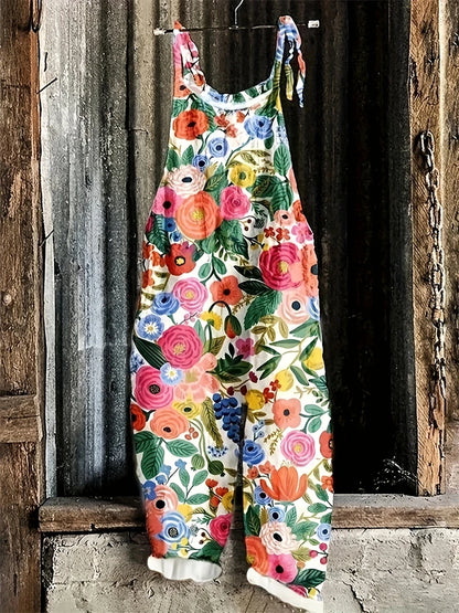 Sling Jumpsuit, Tie String Straps, Floral Printed, Wide Leg Pants, Casual Outdoor, Loose,  Comfortable, Breathable
