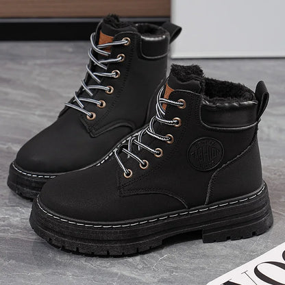 High Top Work Boots, Thick Soled, Lace-Up, Anti-Slip Warm Waterproof Women's Boots in Black and Marigold