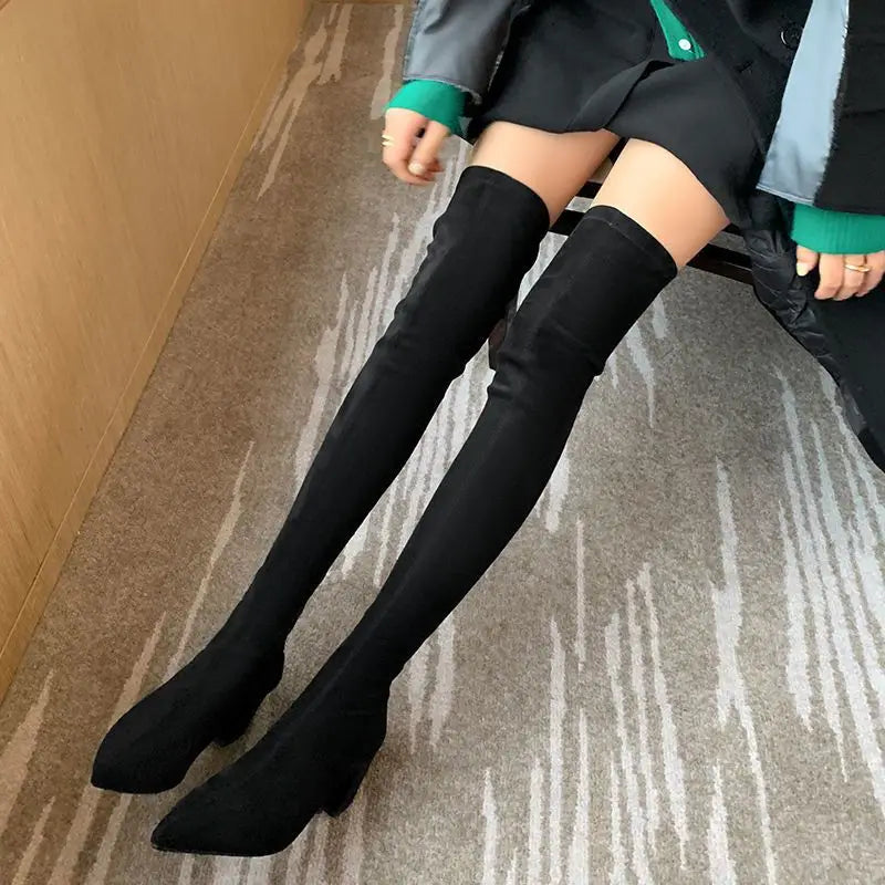 Sexy High Boots Over The Knee, Warm Boots, Suede Back Zipper, Square Heel