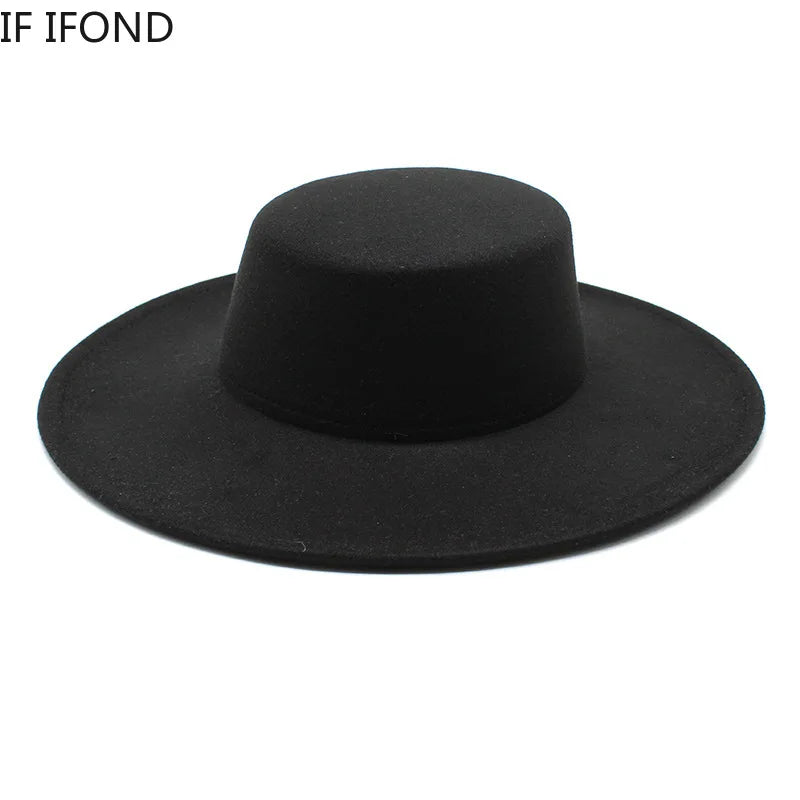 French Wide Brim Women's Fedora Wool Hat  Flat Top Felt in Marigold, White, and Black.
