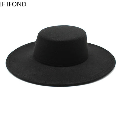 French Wide Brim Women's Fedora Wool Hat  Flat Top Felt in Marigold, White, and Black.