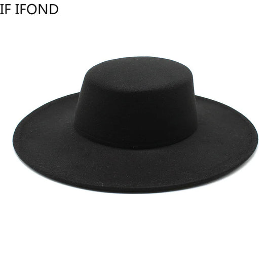 French Wide Brim Women's Fedora Wool Hat  Flat Top Felt in Marigold, White, and Black.