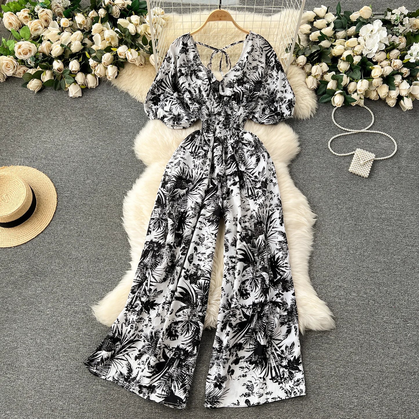 V Neck Dolman Sleeves Slim Waisted Floral and Polka Dot Print Jumpsuit with Wide Legs