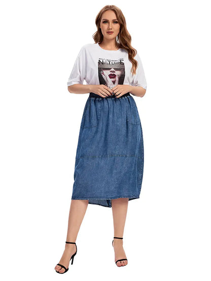 Sizes to 5XL Casual Denim Skirt High Waist ALine Knee Length Blue Vintage Gathered at Waist