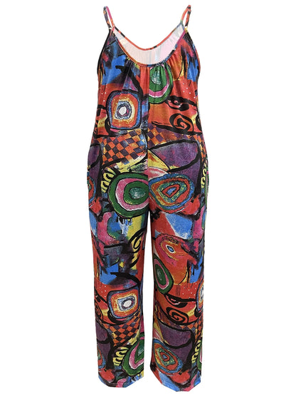 Sizes to 5XL Graffiti Print Jumpsuit Casual Sleeveless Wide Leg With Pockets and Adjustable Spaghetti Straps