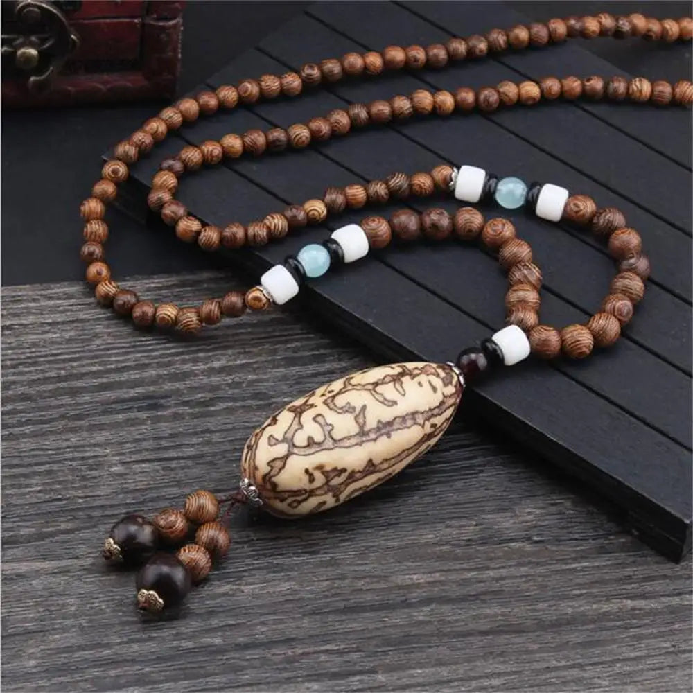 Long Wooden Beaded Tassel Boho  Necklace Nepal Wood Beads
